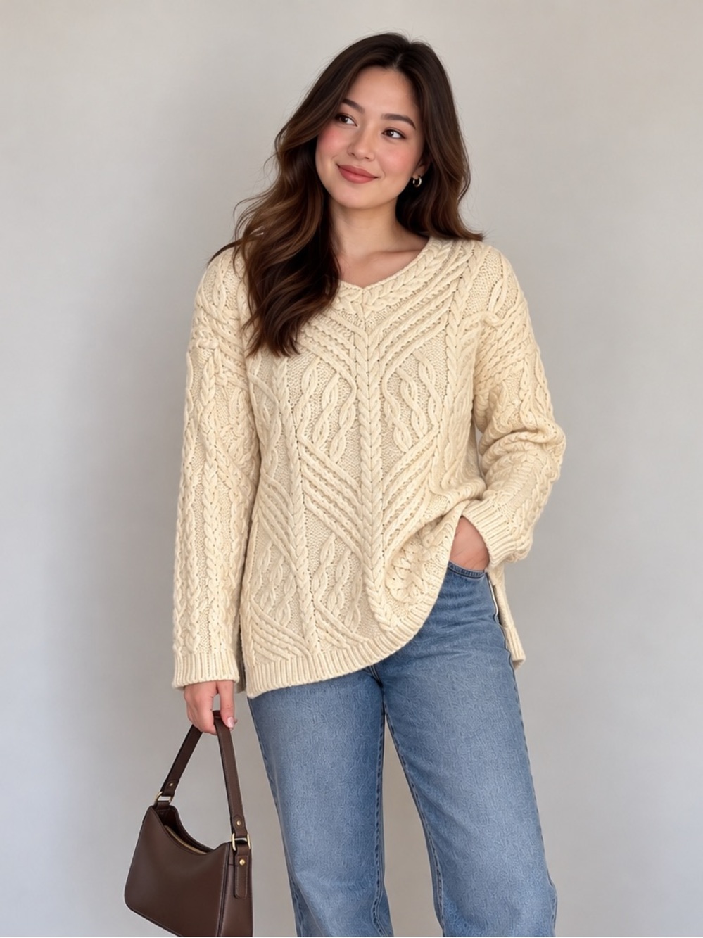 100% Irish Merino Wool Vneck Sweater Cable Knot Cozy Fall Sweater Winter Comfy